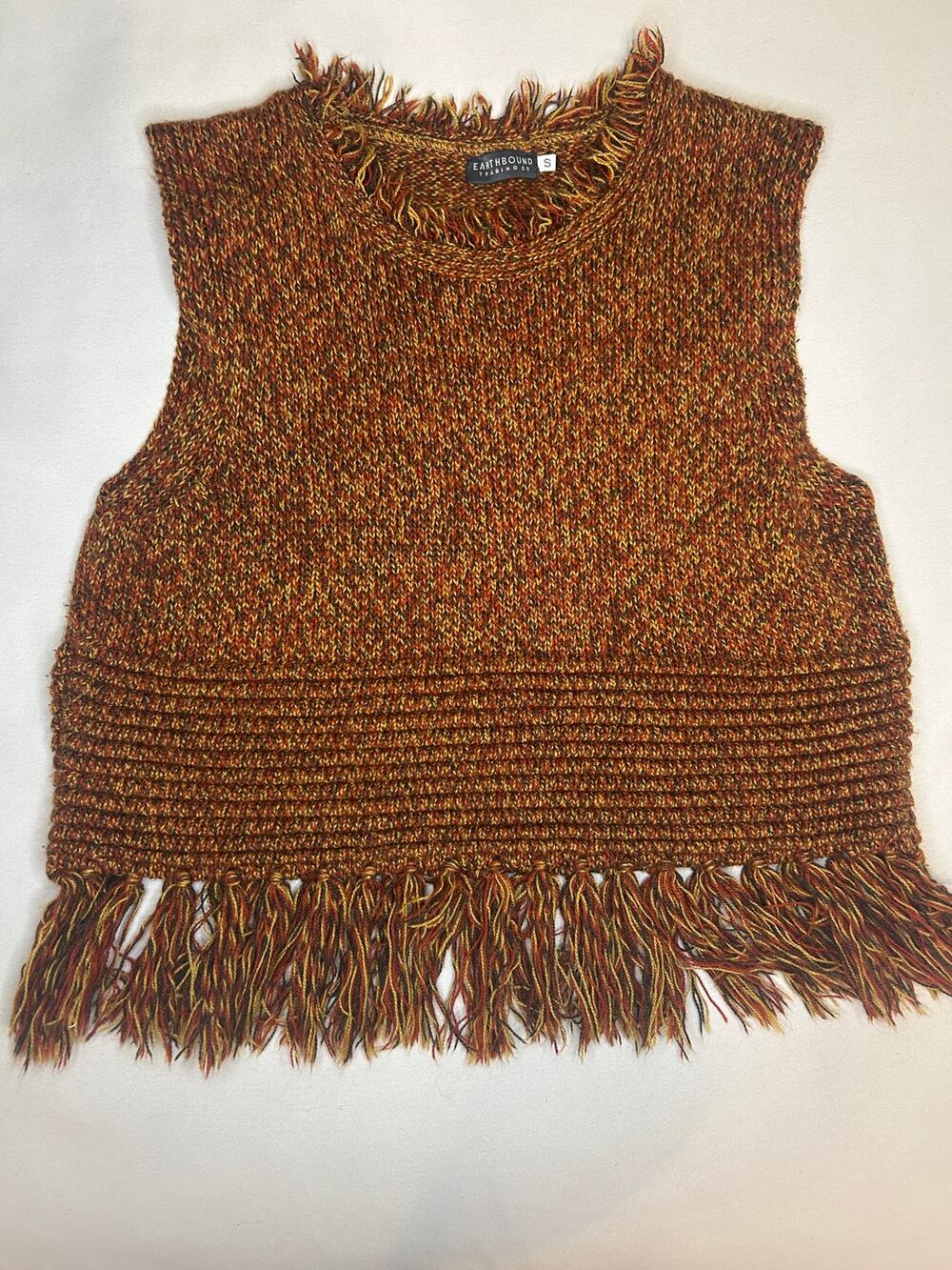 Earthbound Trading Co Fringe Sweater Vest Small Multicolor Boho Festival Knit